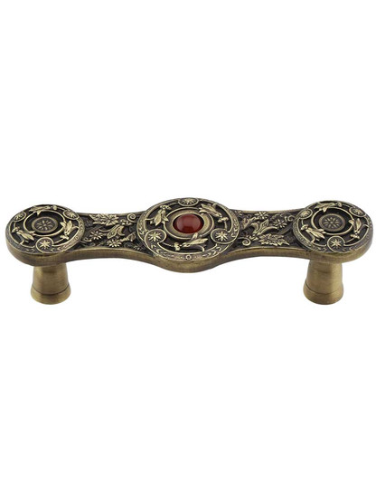 Lily Drawer Pull Inset with Red Carnelian - 3 inch Center-to-Center in Antique Brass.